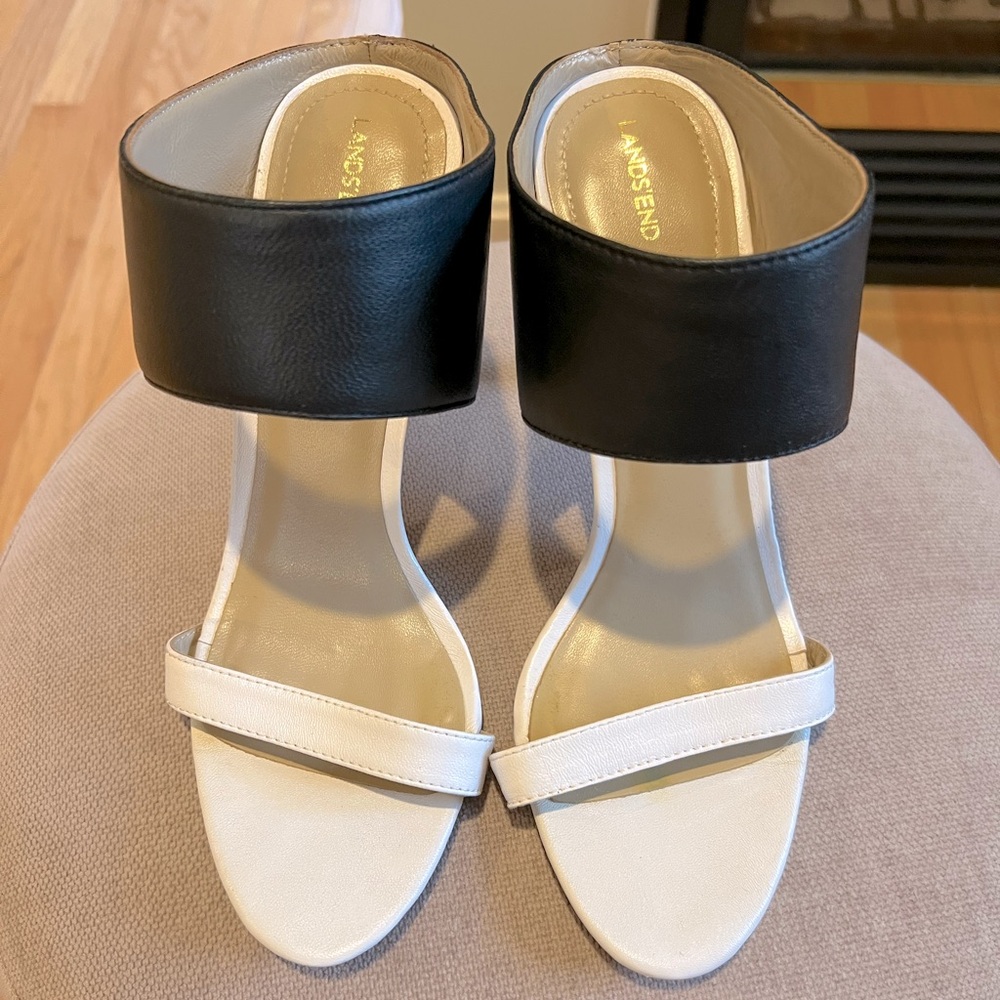 Black & White leather straps heel sandals